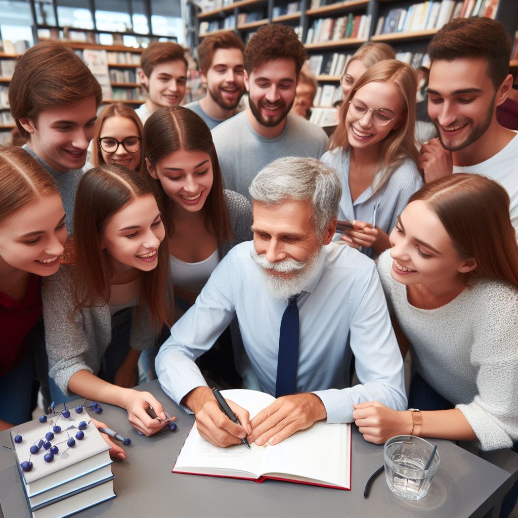 An author at a book signing event, surrounded by enthusiastic readers.