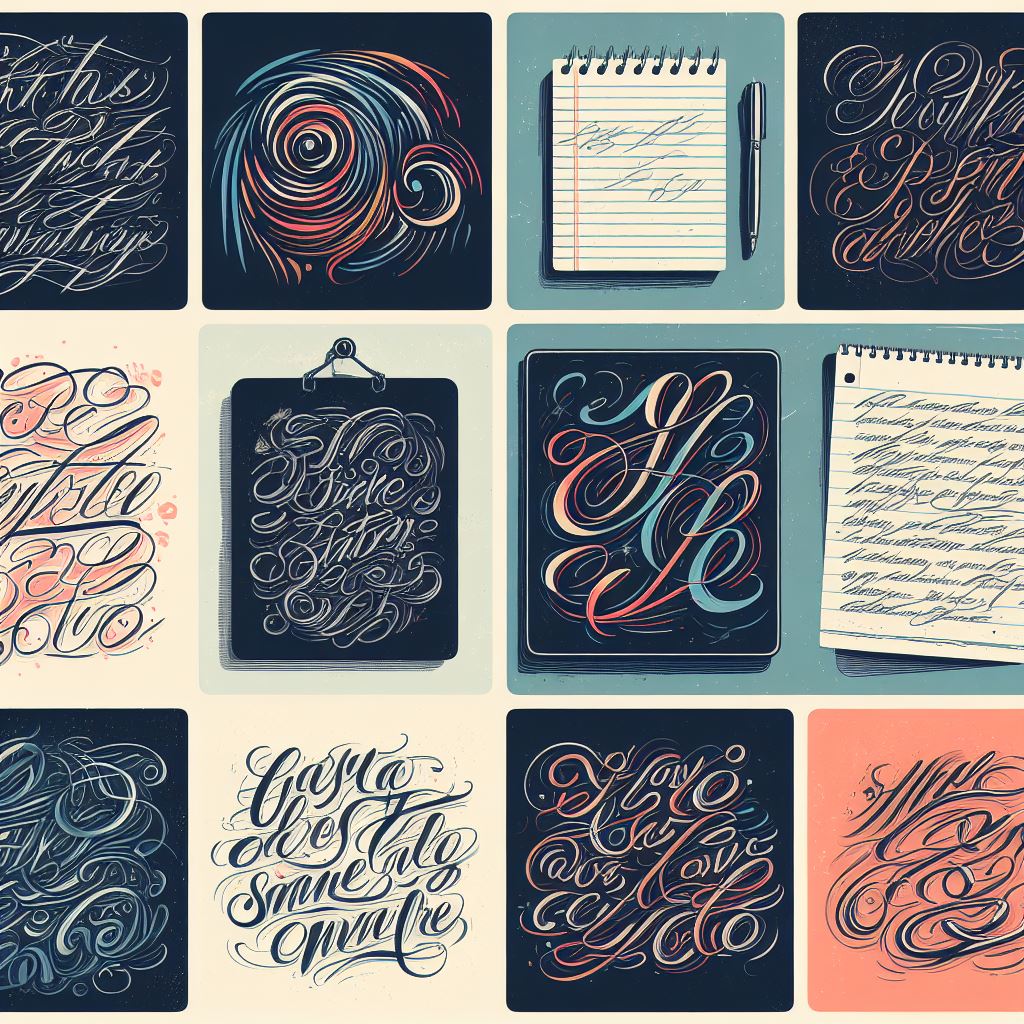 A collage featuring diverse styles of cursive script, ranging from classic elegance to modern playfulness. Each segment showcases the unique characteristics of different cursive writing styles, emphasizing personalization.